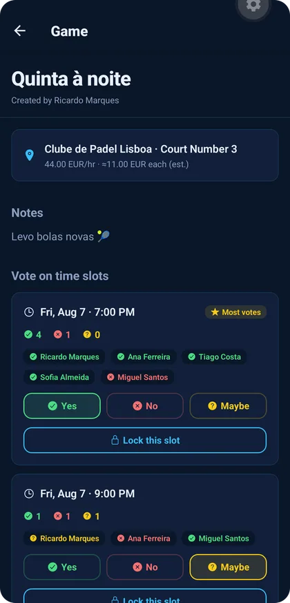 A game detail screen with three proposed time slots, votes per slot and the winning slot marked.